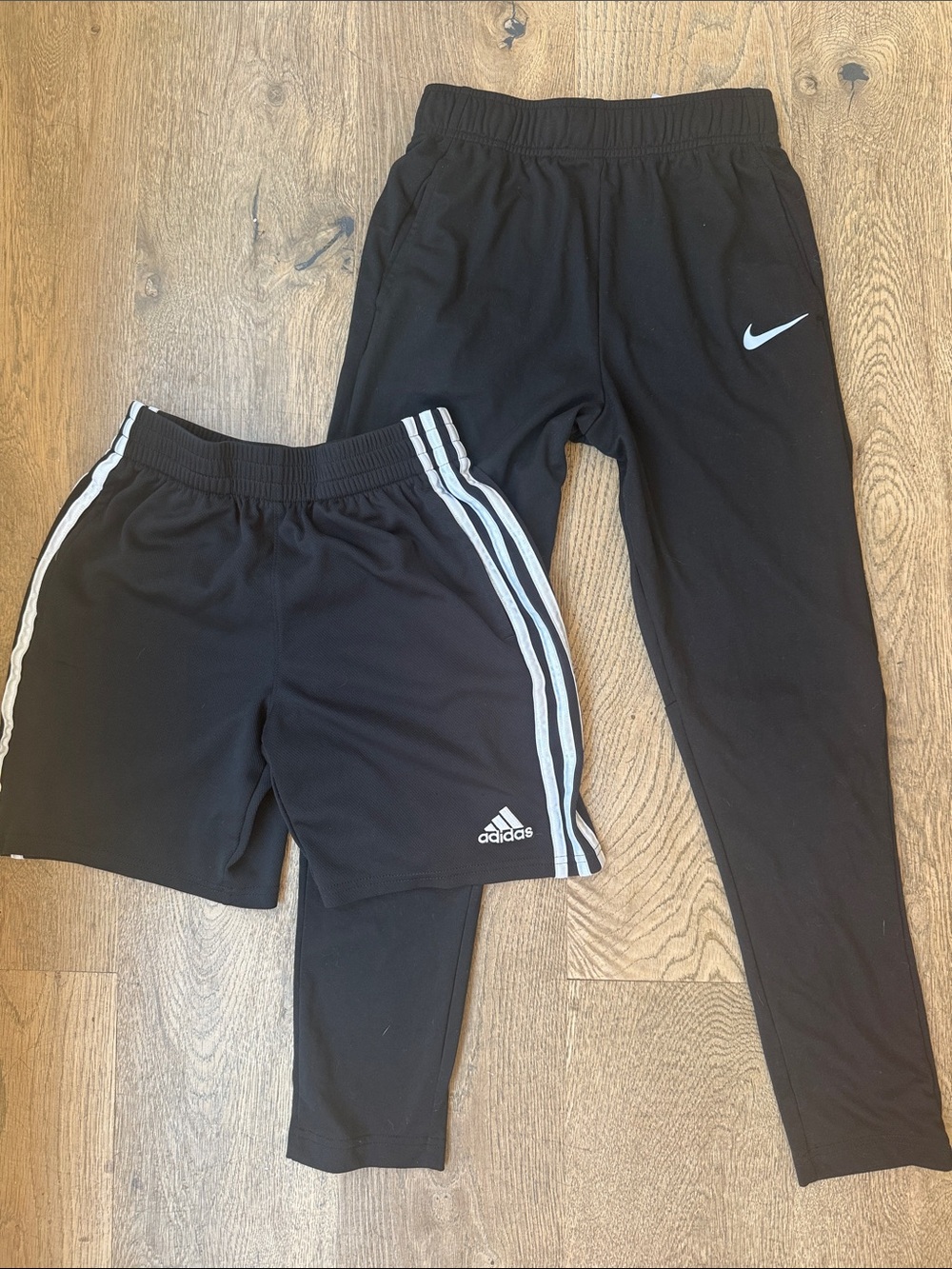 Nike Black Kids Sweatpants with White Swoosh and Kids Adidas Classic 3 Shorts